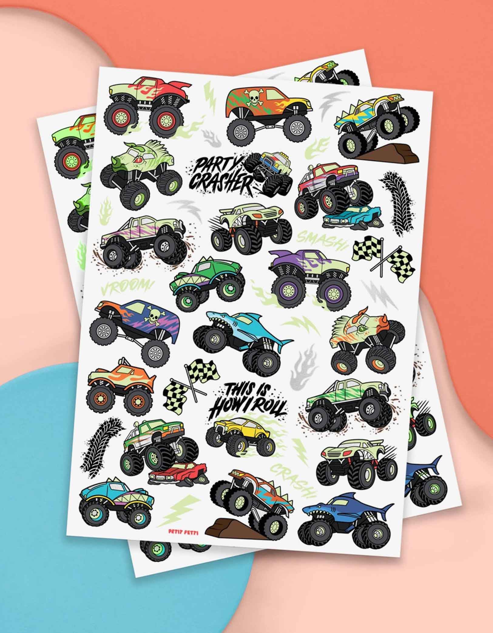 Momo Party's 8.25" x 6" Monster Truck Glow in the Dark Kids Temporary Tattoos by xo, fetti. Comes in a set of 50 tattoos, these awesome glow-in-the-dark Monster Truck temporary tattoos are guaranteed to be a wheel good time at your kid's Monster Truck birthday party! 50 designs means nobody gets left behind - invite all of your bffs to crash this party because these tats are sure to be fire!