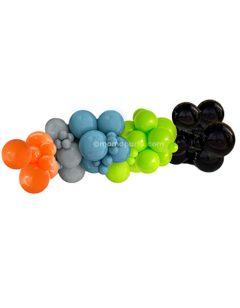 Momo Party's Monster Truck Balloon Cloud Kit, featuring Assorted 17”, 11” & 5” race car-themed latex balloons in Slate, grey, orange and lime and black color, these high quality latex balloons are made in USA, prefect for a kids Monster Truck themed party, Cars themed party, or any modern party and celebrations