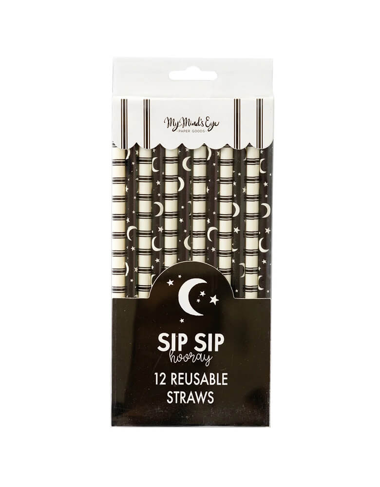 Momo Party's 8" Moons and Stars Reusable Straws by My Mind's Eye. Comes in a set of 12 reusable straws, they're perfect for your witching-hour brew, each straw features a whimsical wizard and plenty of spooky stars. Add them to your Halloween party table this season!