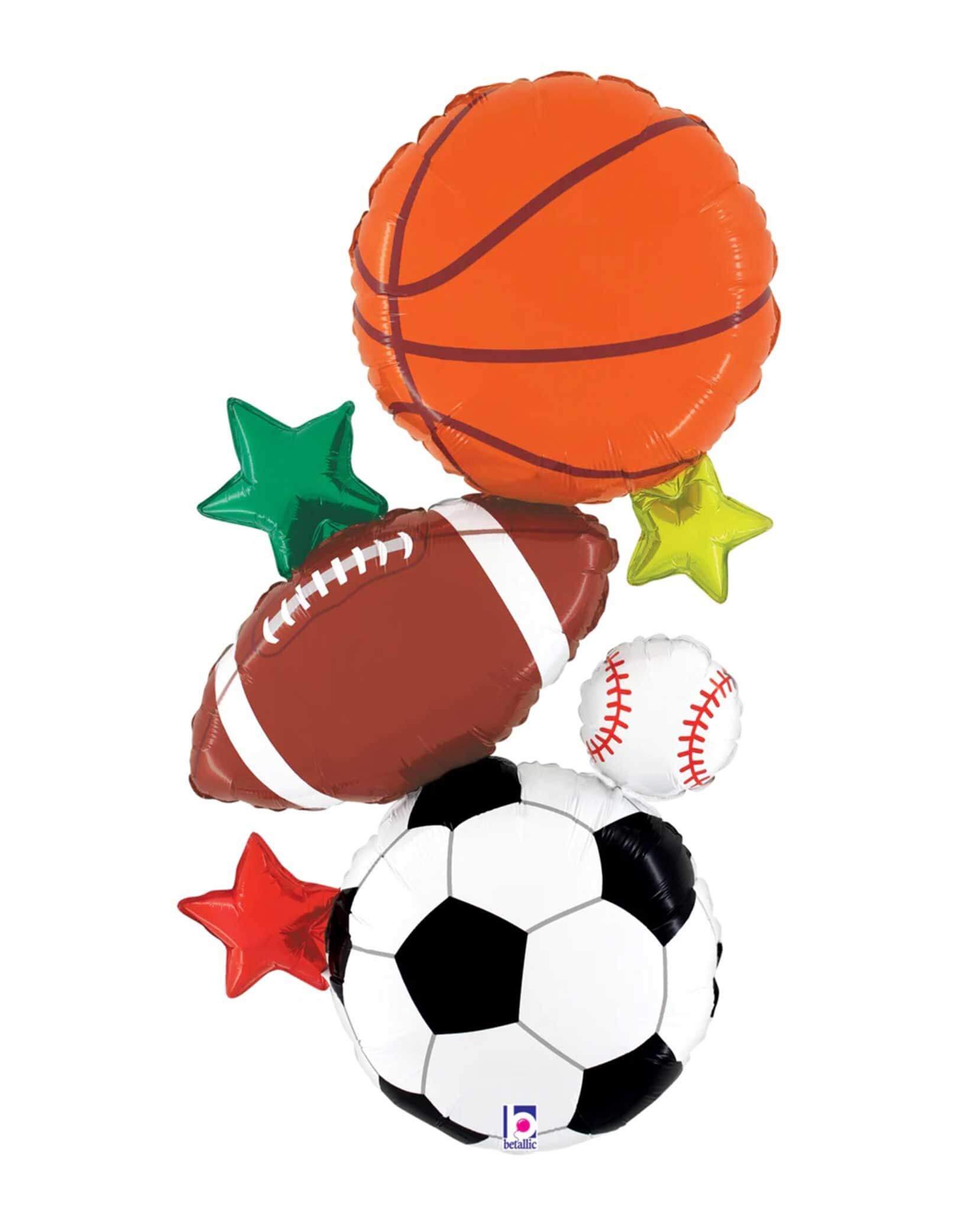 Momo Party's 37" Multi-Sports Stacker Foil Balloon by Betallic Balloons.The perfect balloon for your sport party, this 37 inch party balloon is great for setting the scene! Featuring a basketball, a football, a soccer ball, and a baseball, this balloon includes a self-sealing valve, preventing the gas from escaping after it's inflated. The balloon can be inflated with helium to float or with a balloon air inflator. Balloon arrives uninflated.