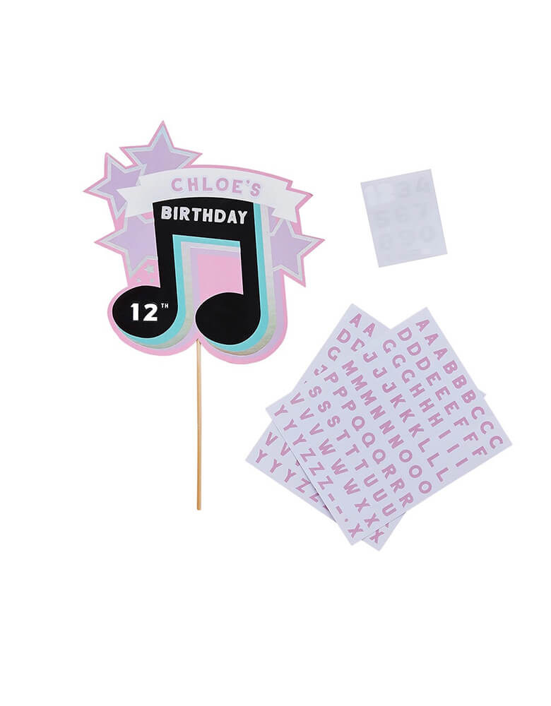 Momo Party's Personalized Musical Note Cake Topper by Hooty Balloo. This musical note showstopper cake topper is fantastic to make someone special feel like a VIP on their birthday. It's perfect for TikTok inspired birthday party!