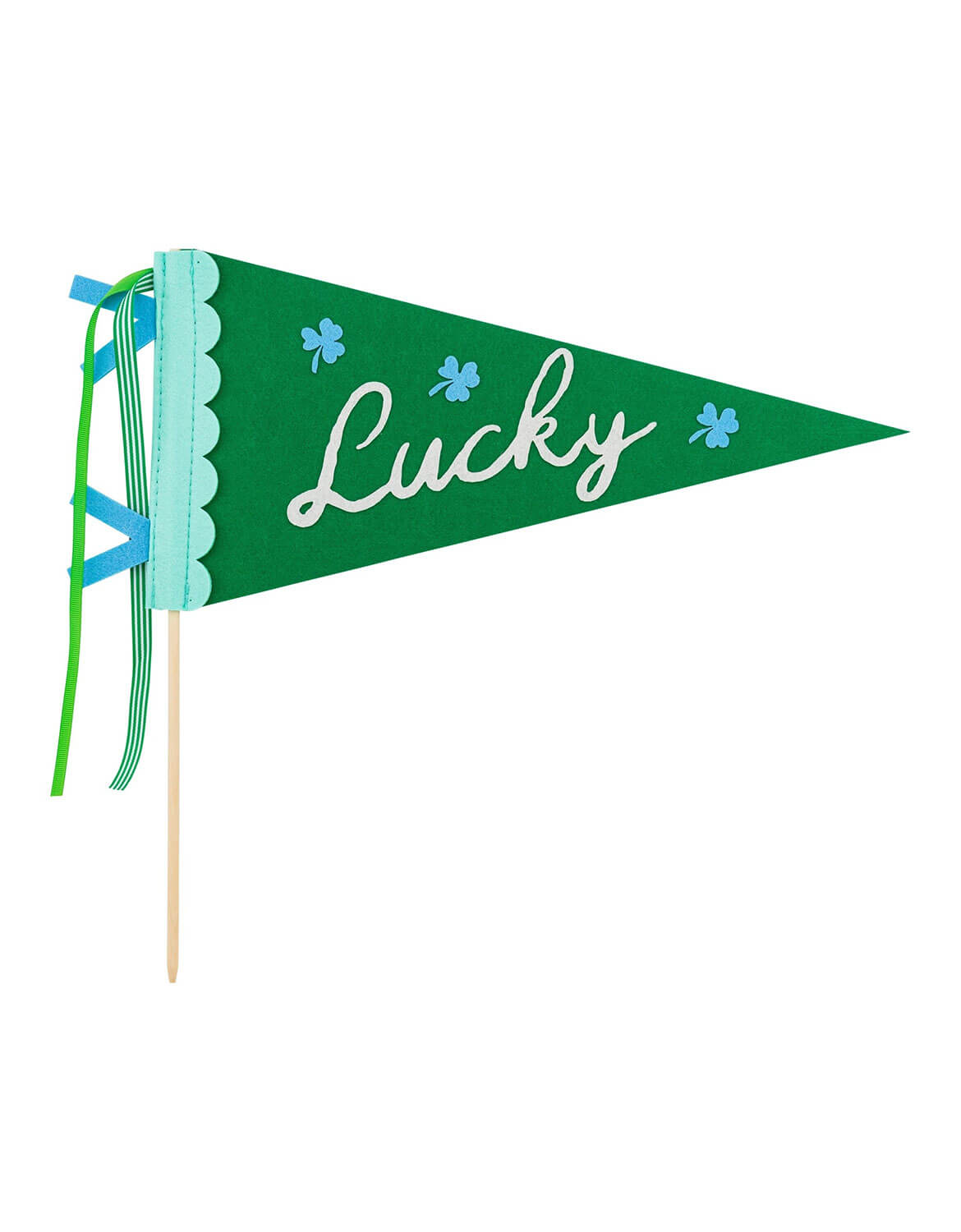 Momo Party's St. Patrick's Day green party pennant flag with 'Lucky' text on a white background.