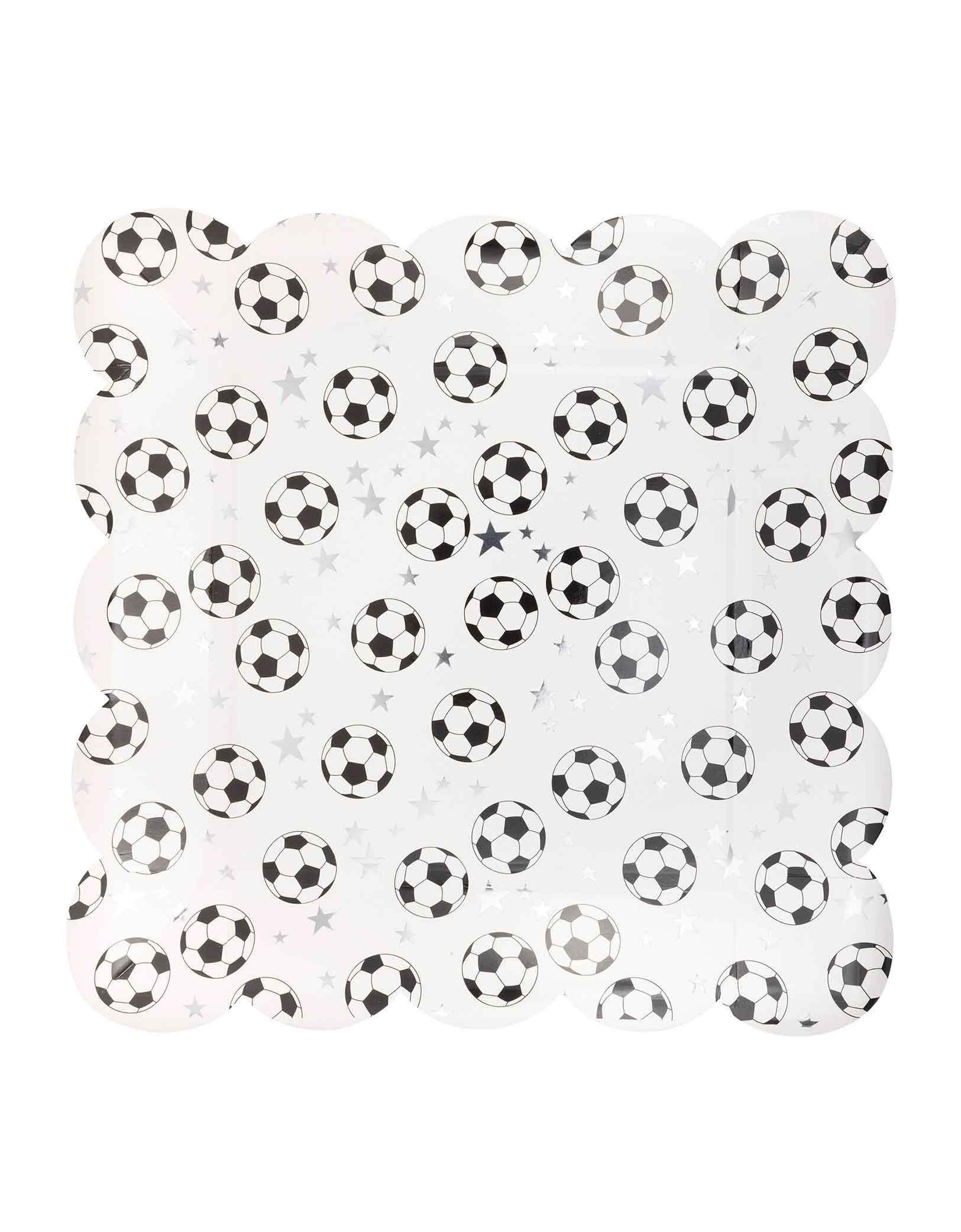 Momo Party's 10" white square plate with black and white soccer ball pattern with silver foil accent by My Mind's Eye on a white background.