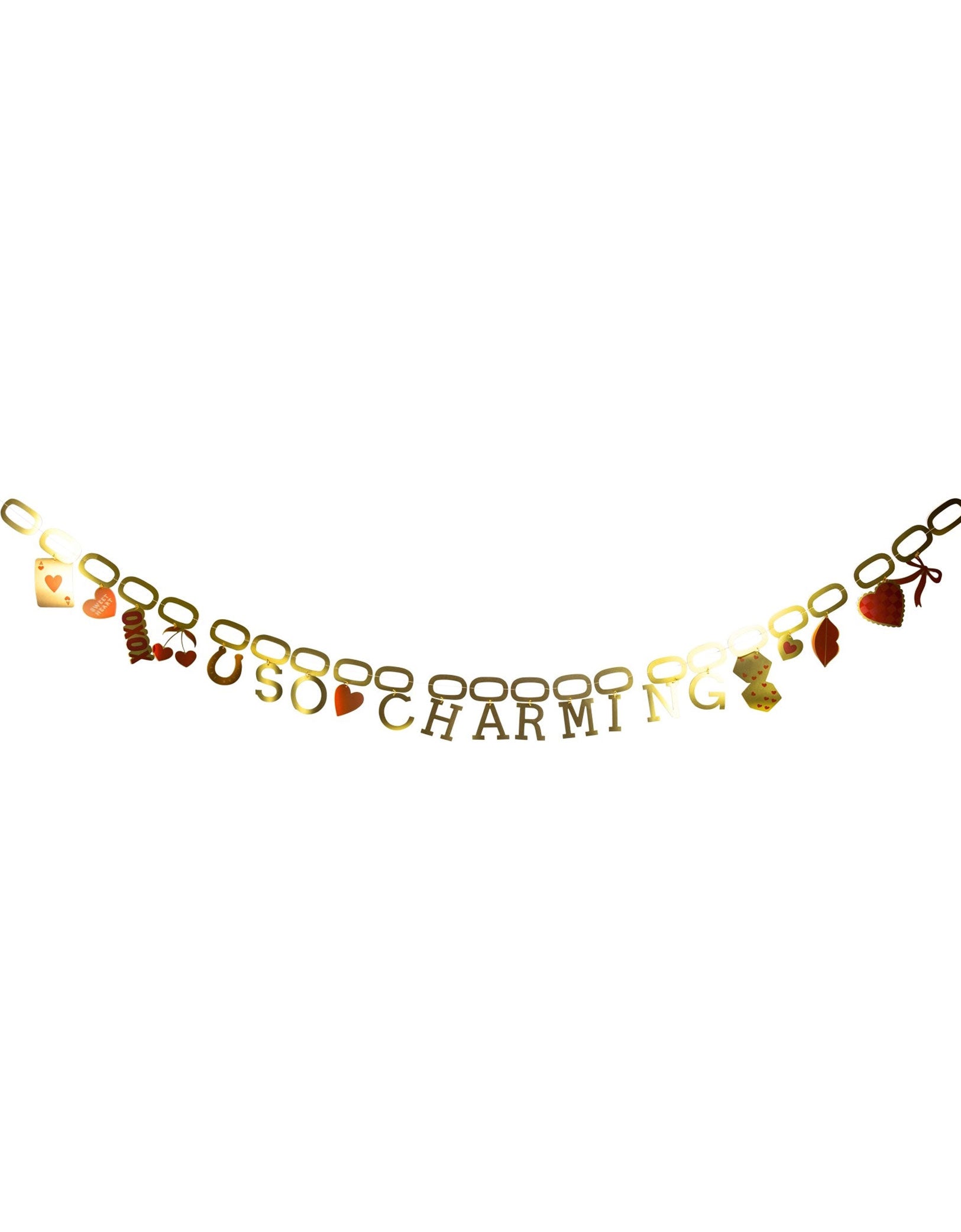 Momo Party's 7 ft Valentine's Day decorative garland with 'So Charming' text and paper charm elements in gold foil by My Mind's Eye on a white background.