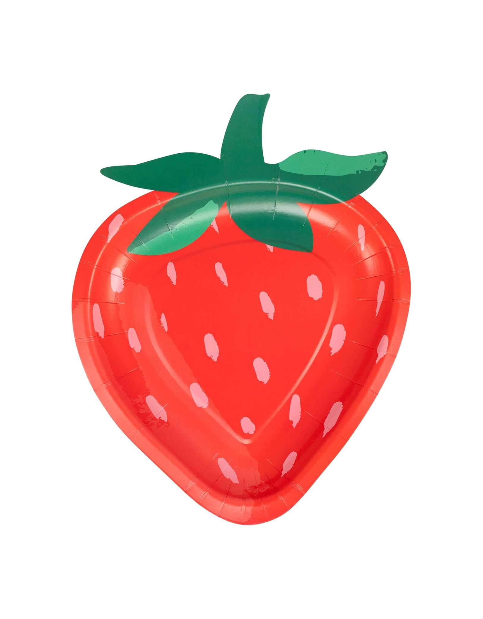 Momo Party's 7.75 x 9.75 inches red strawberry-shaped plate by My Mind's Eye with green stem on a white background.