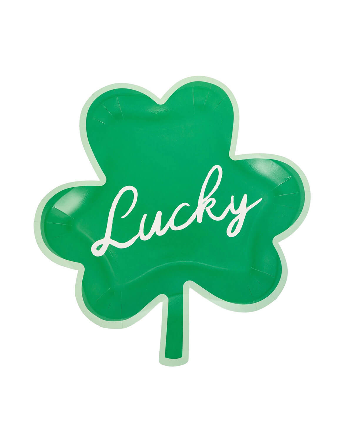 Momo Party's green four-leaf clover/shamrock-shaped party paper plate with 'Lucky' text on it by My Mind's Eye on a white background.