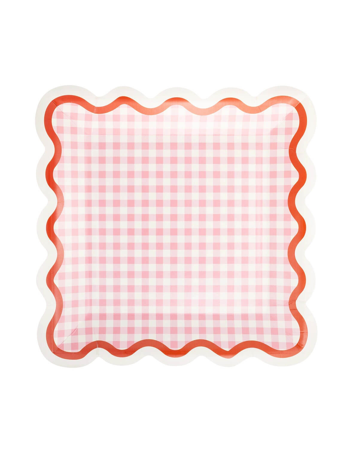 Momo Party's 9" square paper party plate with a pink and white gingham check pattern, a wavy red border, and a white scalloped edge by My Mind's Eye, shown on a plain white background.