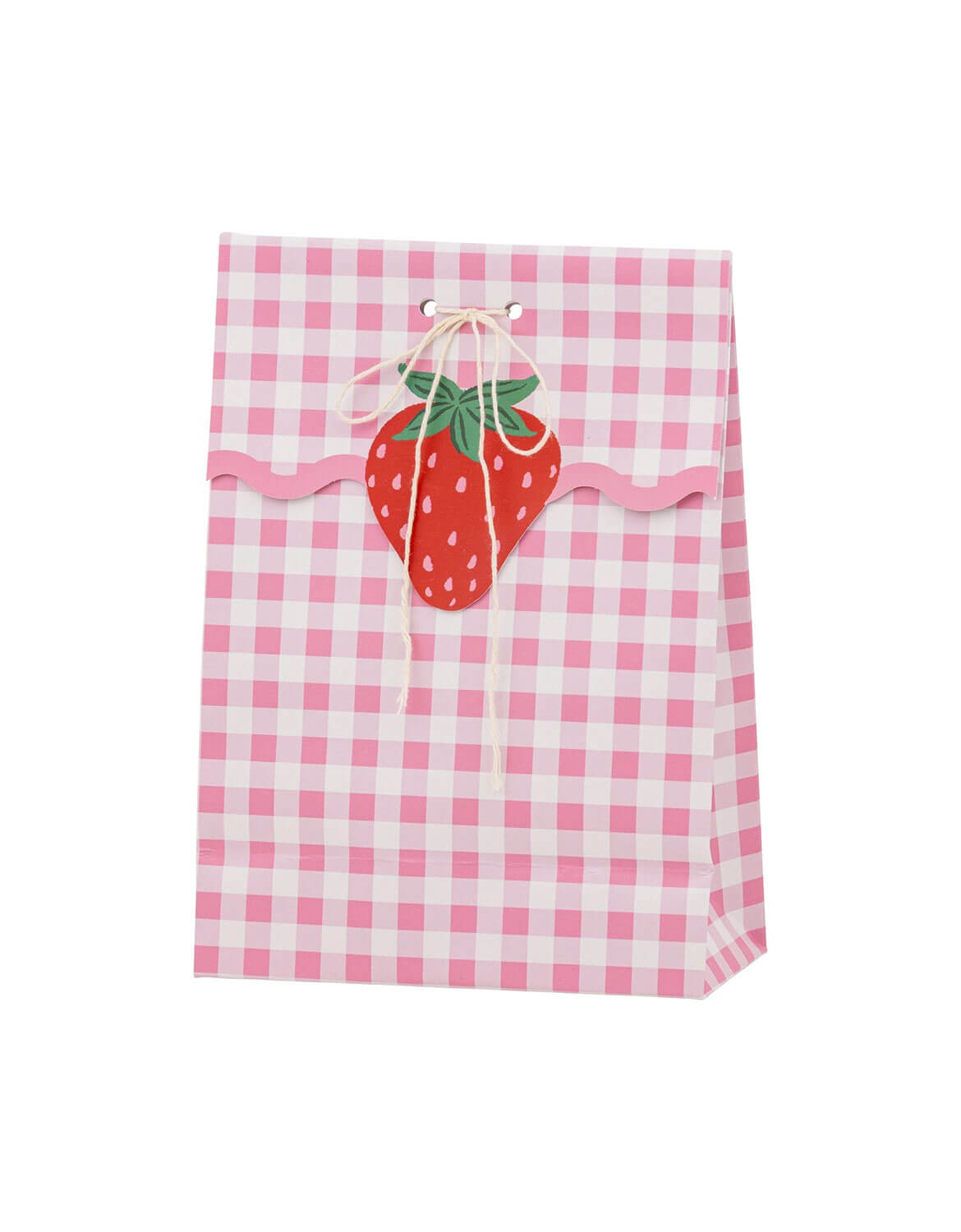 A pink and white gingham paper party favor bag with a decorative strawberry embellishment on the front, tied with a thin ribbon, shown on a plain white background.