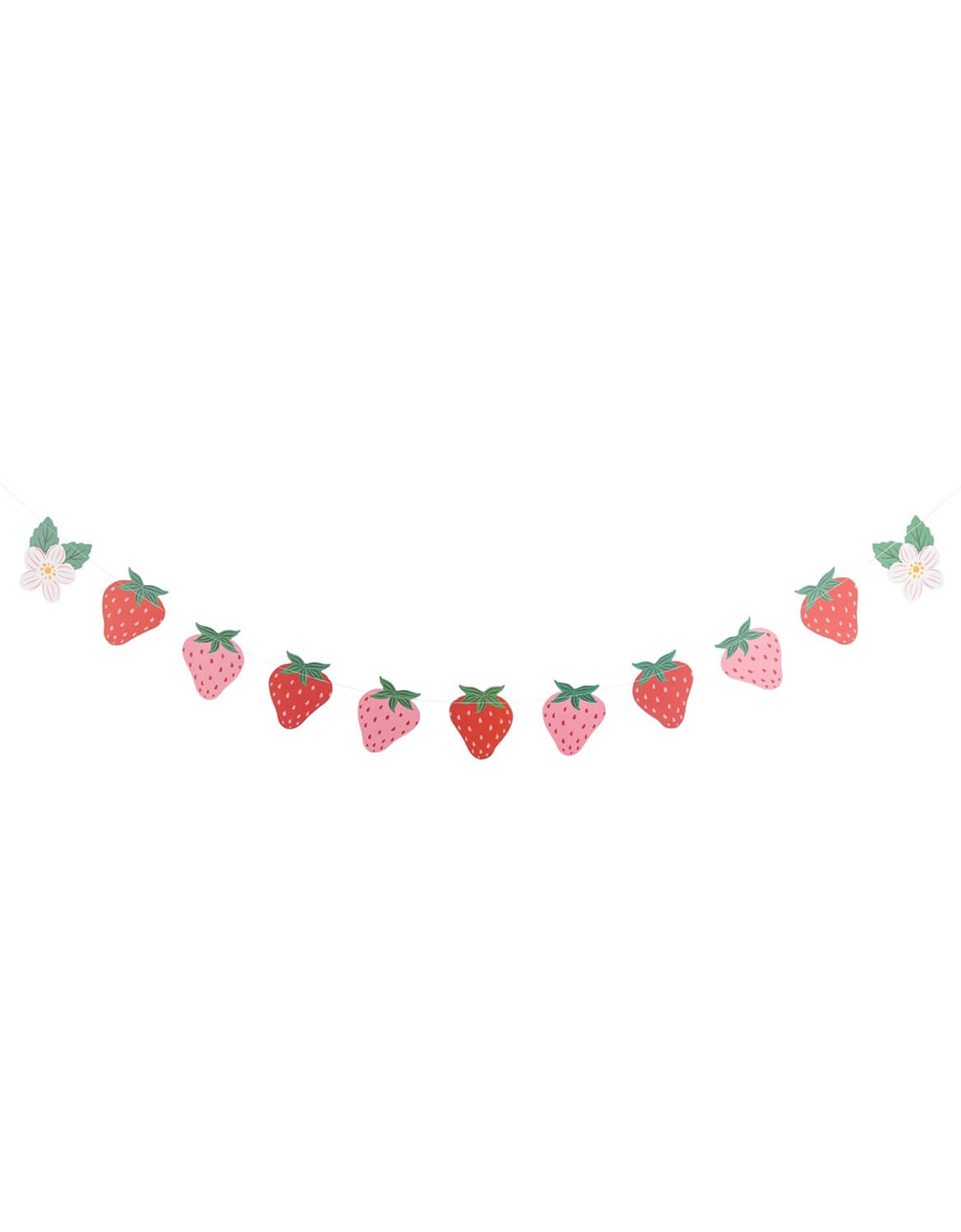 Momo Party's strawberry-themed party banner garland featuring alternating red and pink strawberries with green leaves, flanked by small white flowers on both ends, shown against a plain white background.