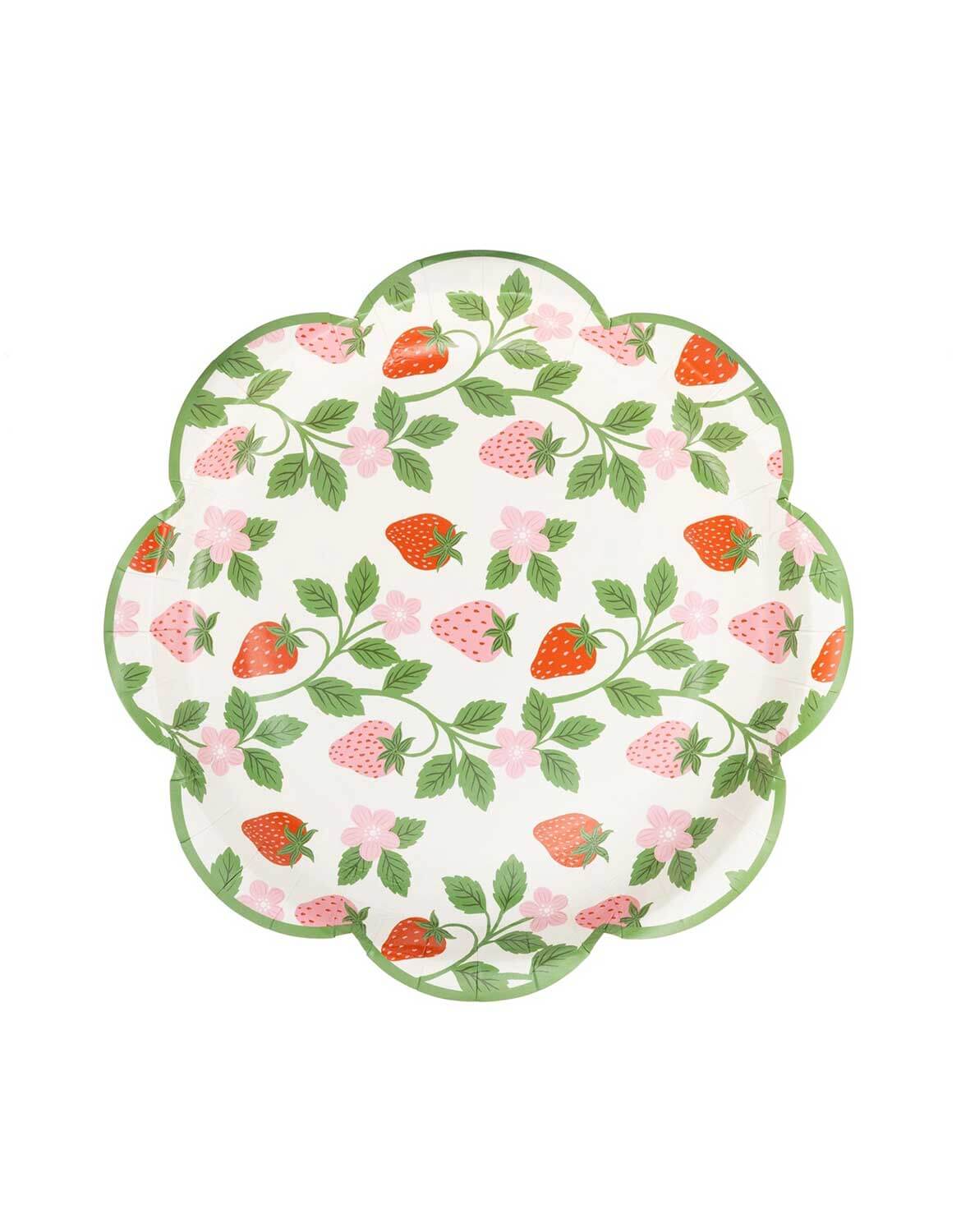 Momo Party's 9" scalloped paper plate featuring a strawberry and vine pattern with a green border by My Mind's Eye on a white background.