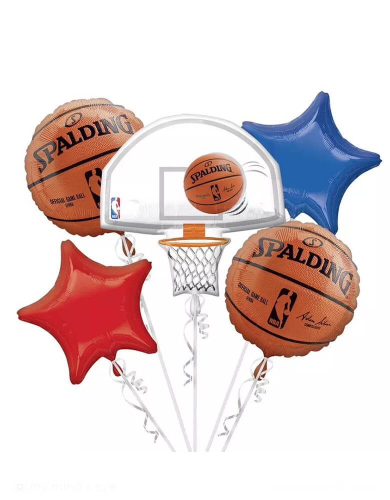 Momo Party's Spalding NBA basketball foil balloon bouquet. This set includes a large foil balloon shaped like a backboard is accompanied by two round balloons printed like basketballs with the NBA and Spalding logos. Star balloons in red and blue match the colors of the NBA logo. This dream team arrangement makes a great decoration for your basketball-themed party!