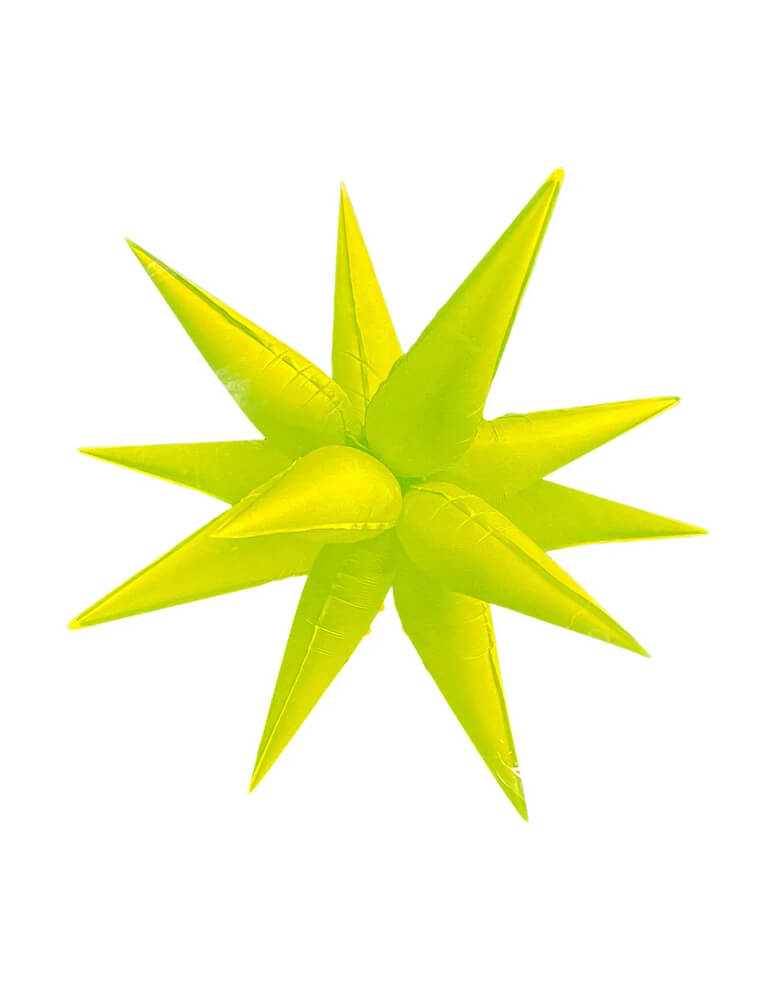 Momo Party's 26" neon yellow starburst shaped foil balloon. This jumbo neon yellow starburst foil balloon is simply a show-stopper for any celebration! Its unique shape is sure to add a glam look to your celebration. This starburst foil balloon can be inflated with air only using a balloon air inflator or hand pump. Add a string to hang the balloon from the ceiling above a party table or dance floor. It's perfect for kid's video game, toy story or laser tag parties!