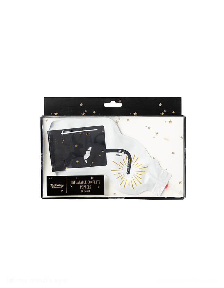 The package of Momo Party's Happy New Year Confetti Poppers by My Mind's Eye. Comes in a set of 12 confetti poppers, these fun poppers are perfect for your New Year countdown party. Simply inflate the popper with the straw and squeeze to pop the sparkly confetti.