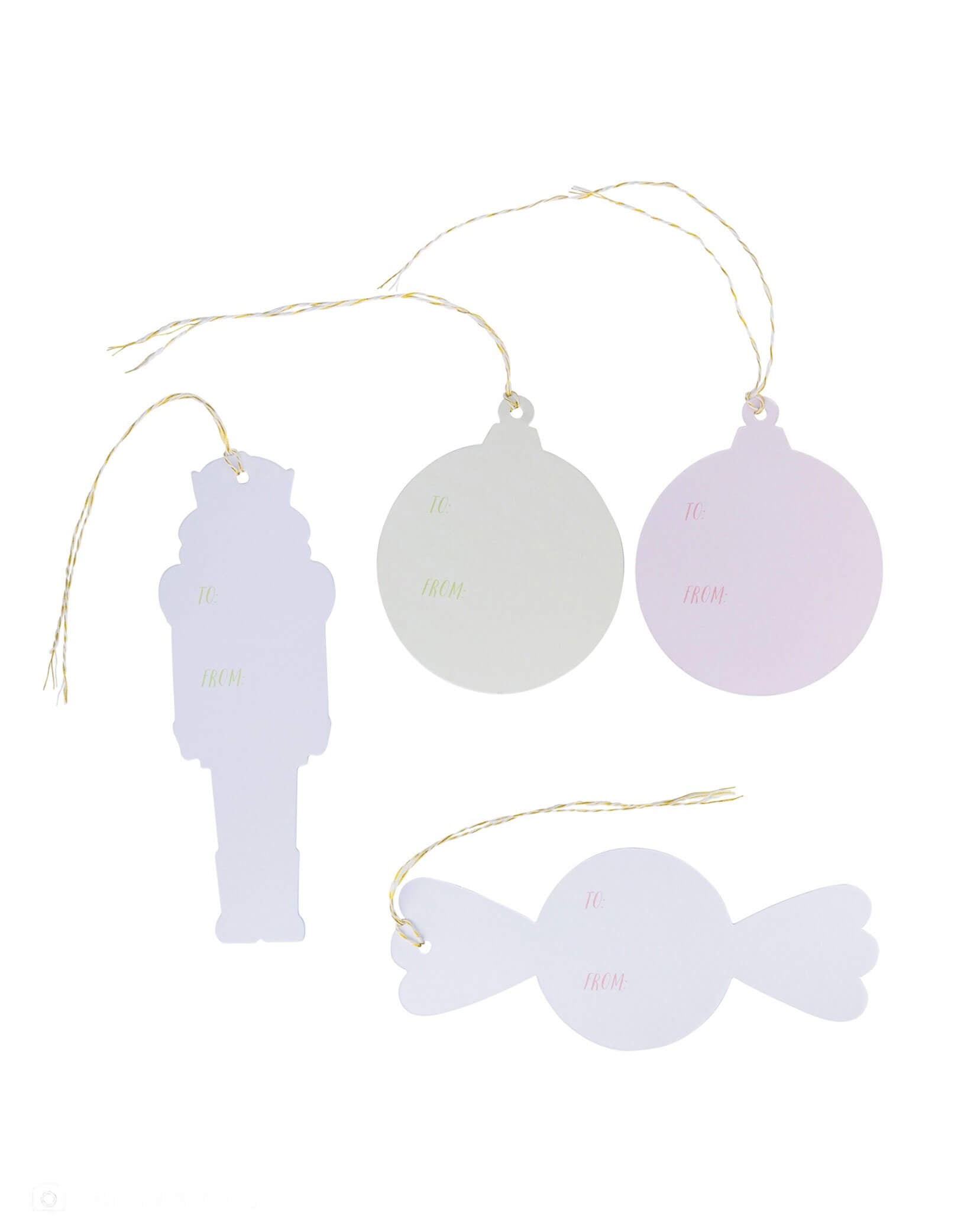 The back of Momo Party's set of pastel colored Christmas themed gift tags including a Nutcracker, disco balls, and a candy with gold strings by My Mind's Eye on a white background.