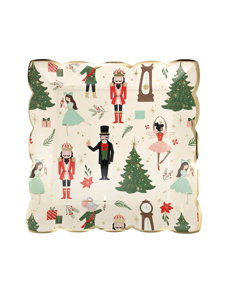 Momo Party's 9" Nutcracker Pattern Plates by My Mind's Eye. Perfect for holiday gatherings, this plate features a playful nutcracker pattern that will add a touch of whimsy to your table. Crack open some fun this holiday season with this fun and unique plate!