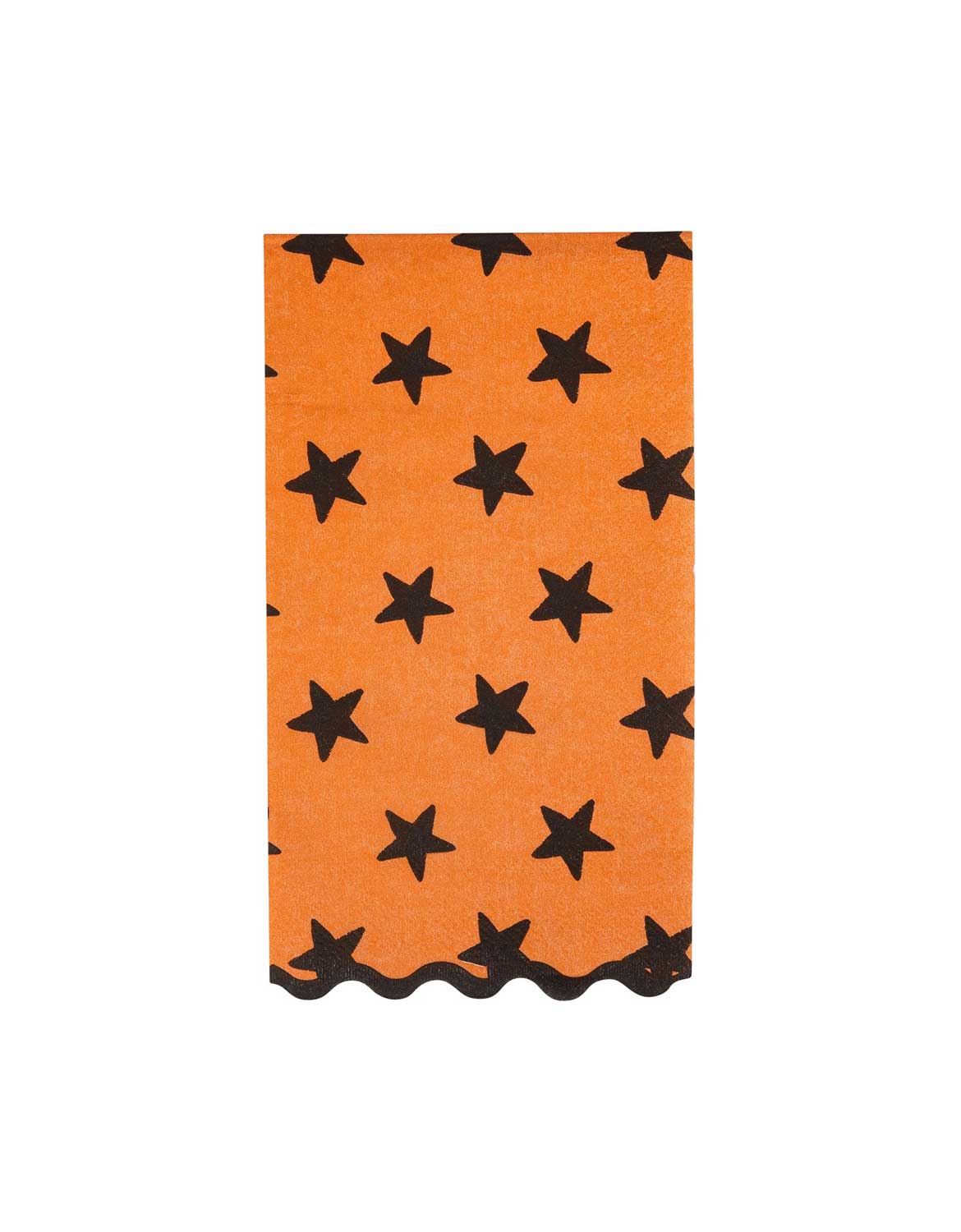 Momo Party's 4.25" x 7.75" Vintage Halloween Stars Dinner Napkin, featuring a black star pattern on orange and a wavy black border along the bottom edge by My Mind's Eye, shown against a plain white background.