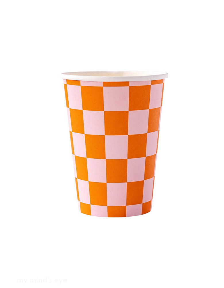 Momo Party's 12 oz Pink & Orange Checkered Cups by My Mind's Eye. Featuring trendy checkered pattern in orange and pink colors, this set of party cups that comes with 8 cups are perfect for a groovy themed Halloween celebration.