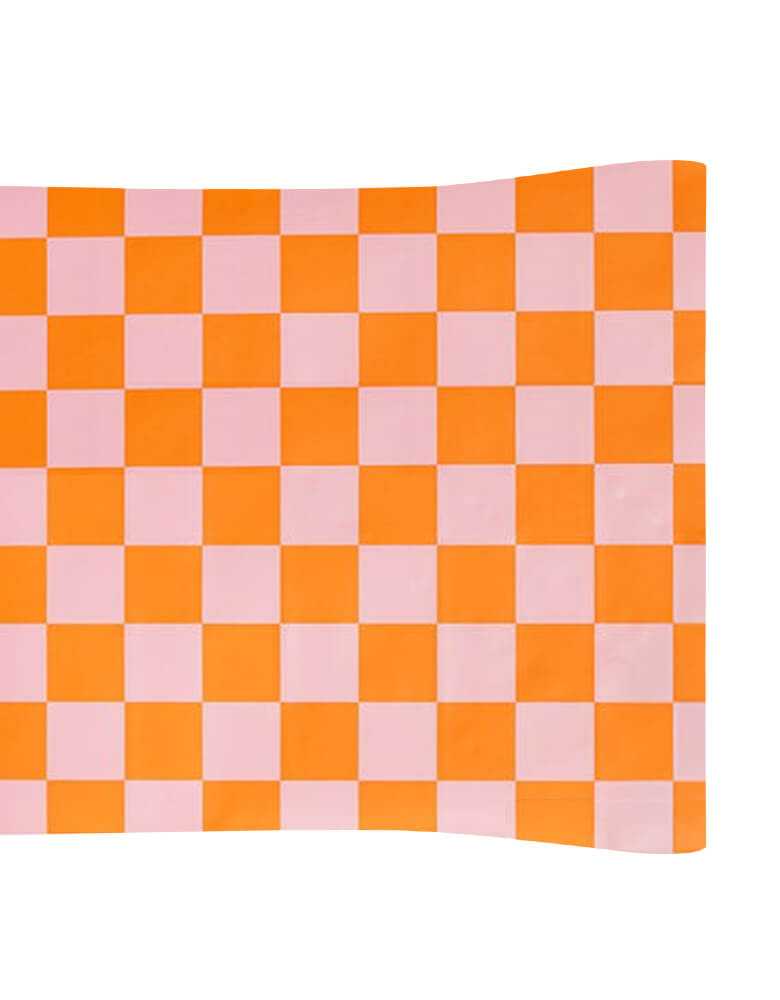 Momo Party's pink-and-orange-checked-paper-table-runner By My Mind's Eye. This Paper Table Runner featuring a fun and festive checkered pattern in pink and orange. Add a pop of color and a touch of playfulness to your table setting, making it the perfect addition to any festive celebration.