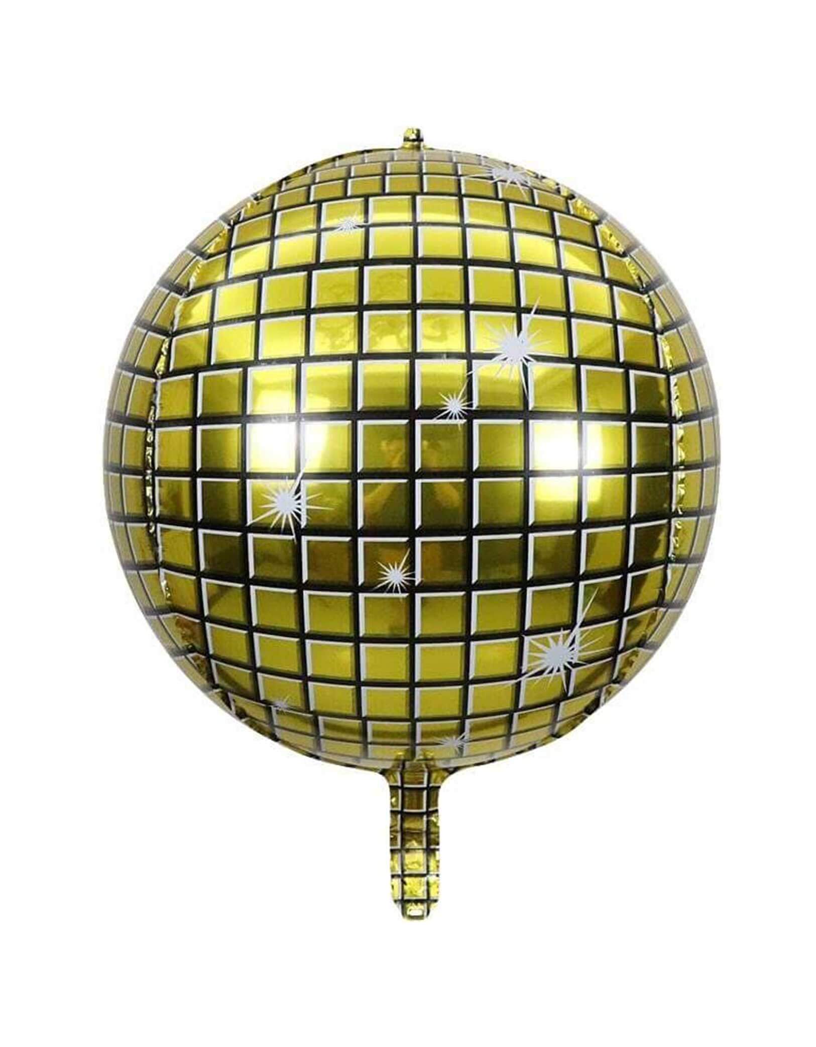 Momo Party's 32" Orb Gold Disco Ball Foil Mylar Balloon. This jumbo foil mylar showstopper catches light from every angle, creating a shimmering party atmosphere perfect for New Year's celebrations or anytime you need an extra dose of fun. Hang it high and watch as it spins, reflecting your guests' excitement!