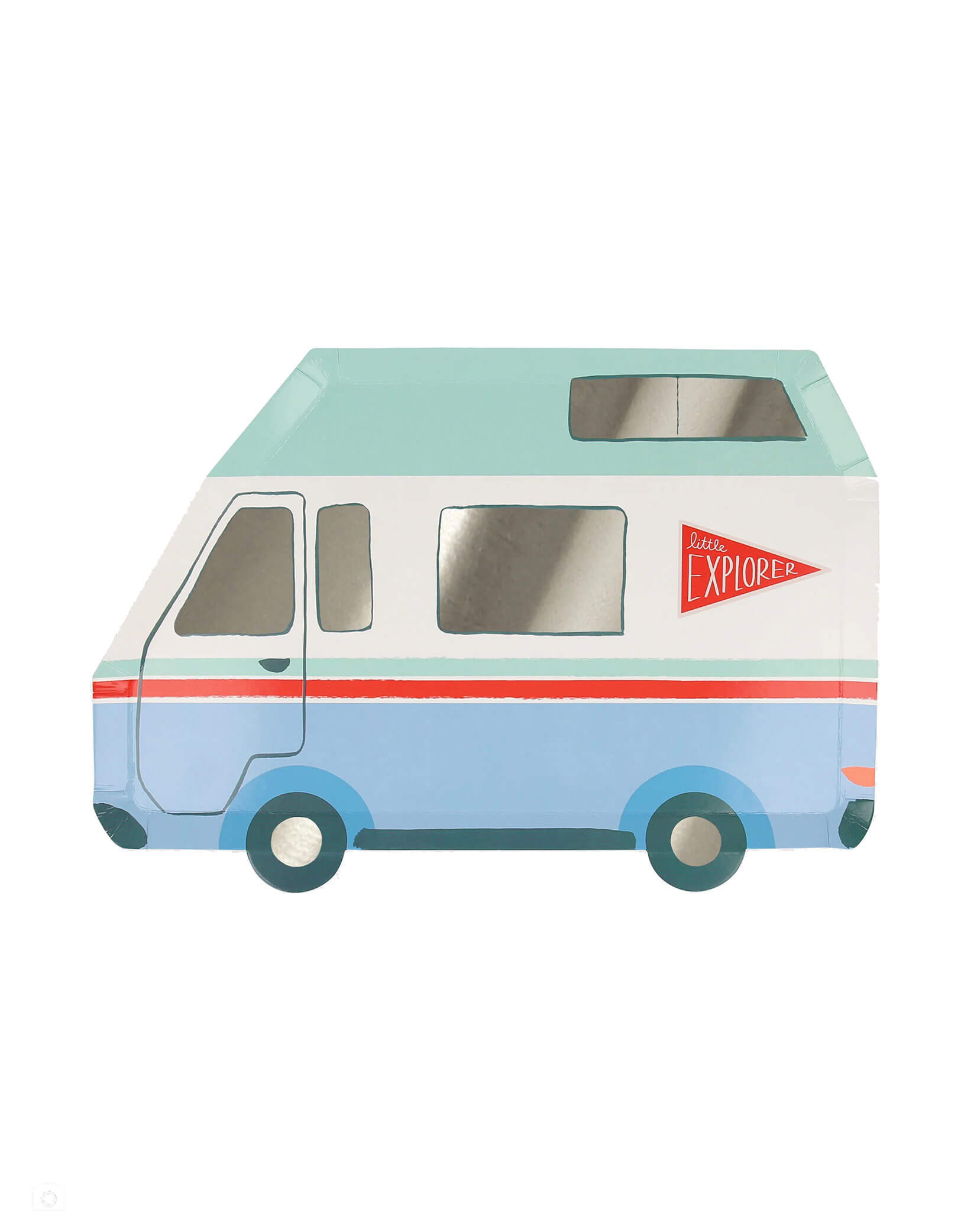 Momo Party's 10" x 7" Outdoor Adventures Camper Van Plates by Meri Meri. Designed for little explorers and nature lovers to bring the magic of the great outdoors to your celebration. These camper van plates are ideal for hungry youngsters to fill with yummy food, and give a delightful decoration to your party table or picnic. Just add s'mores, stories and party games for a fun time.