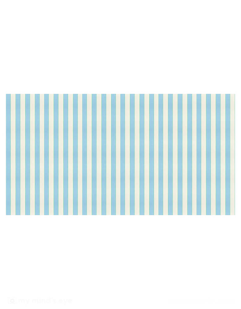 Momo Party's 102" x 54" pale blue stripe paper tablecloth by Meri Meri. Make your party table look instantly fresh with this blue stripe tablecloth. It's ideal for a baby shower or any party where you want a stunning blue color theme.
