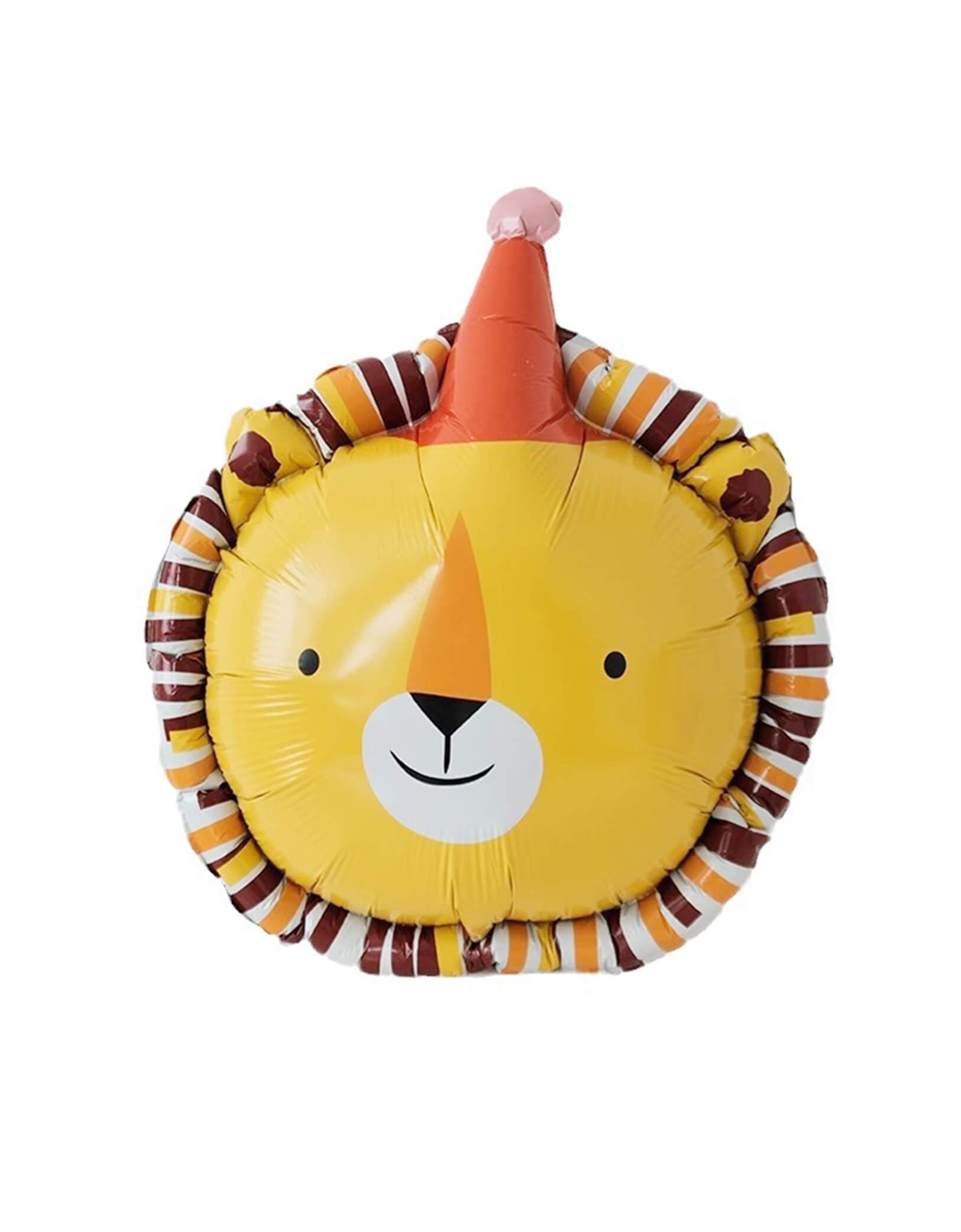 Momo Party's 29.5" party hat lion foil balloon. Accent your carnival or animal themed party with this adorable party hat lion shaped foil mylar balloon. This balloon includes a self-sealing valve, preventing the gas from escaping after it's inflated. The balloon can be inflated with helium to float or with a balloon air inflator.