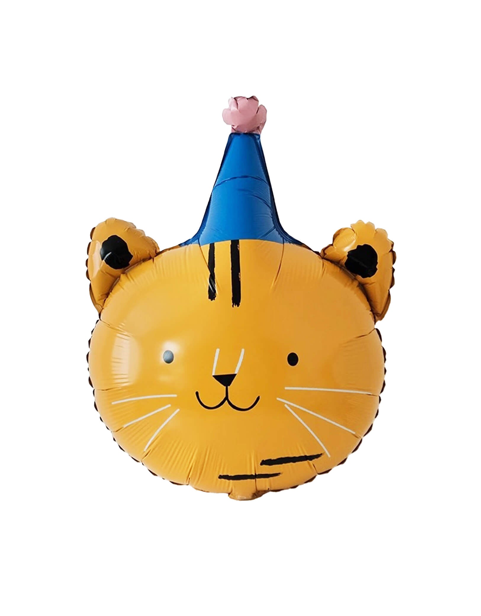 Momo Party's 29.5" Party Hat Tiger Foil Balloon. Accent your carnival or animal themed party with this adorable party hat tiger shaped foil mylar balloon. This balloon includes a self-sealing valve, preventing the gas from escaping after it's inflated. The balloon can be inflated with helium to float or with a balloon air inflator.