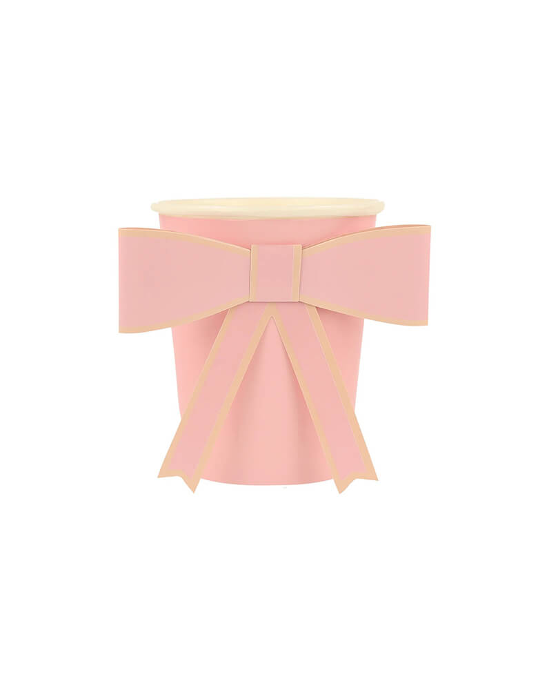 Momo Party's 9oz Pastel Bow Cups in 8 colors by Meri Meir. Pack of 8 3D pale pink, pink, dark pink, ivory, yellow, peach, mint and blue cups with co-ordinating bows.