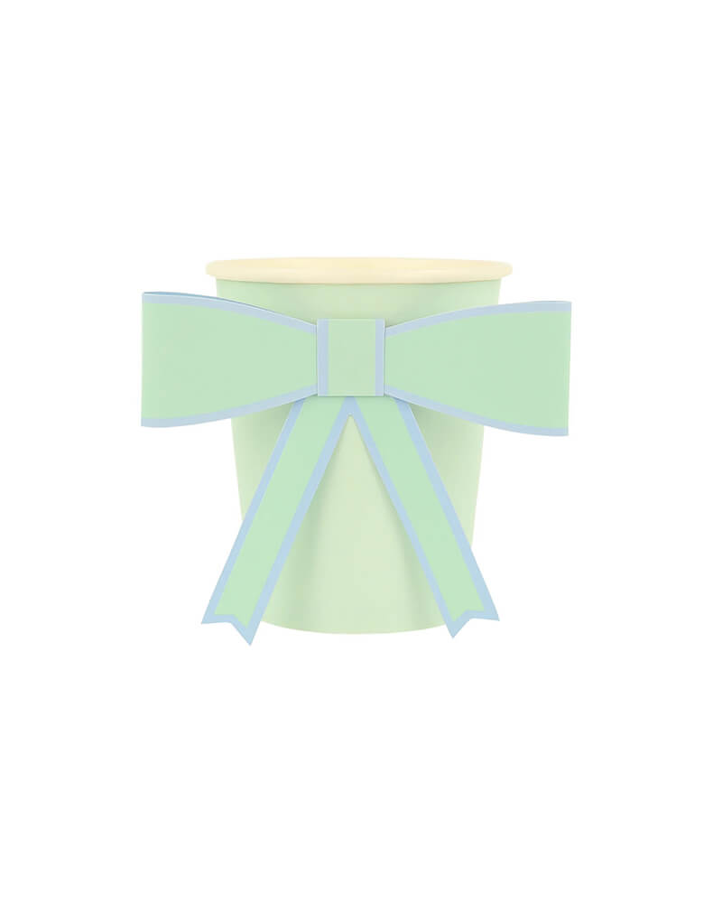 Momo Party's 9oz Pastel Bow Cups in 8 colors by Meri Meir. Pack of 8 3D pale pink, pink, dark pink, ivory, yellow, peach, mint and blue cups with co-ordinating bows.