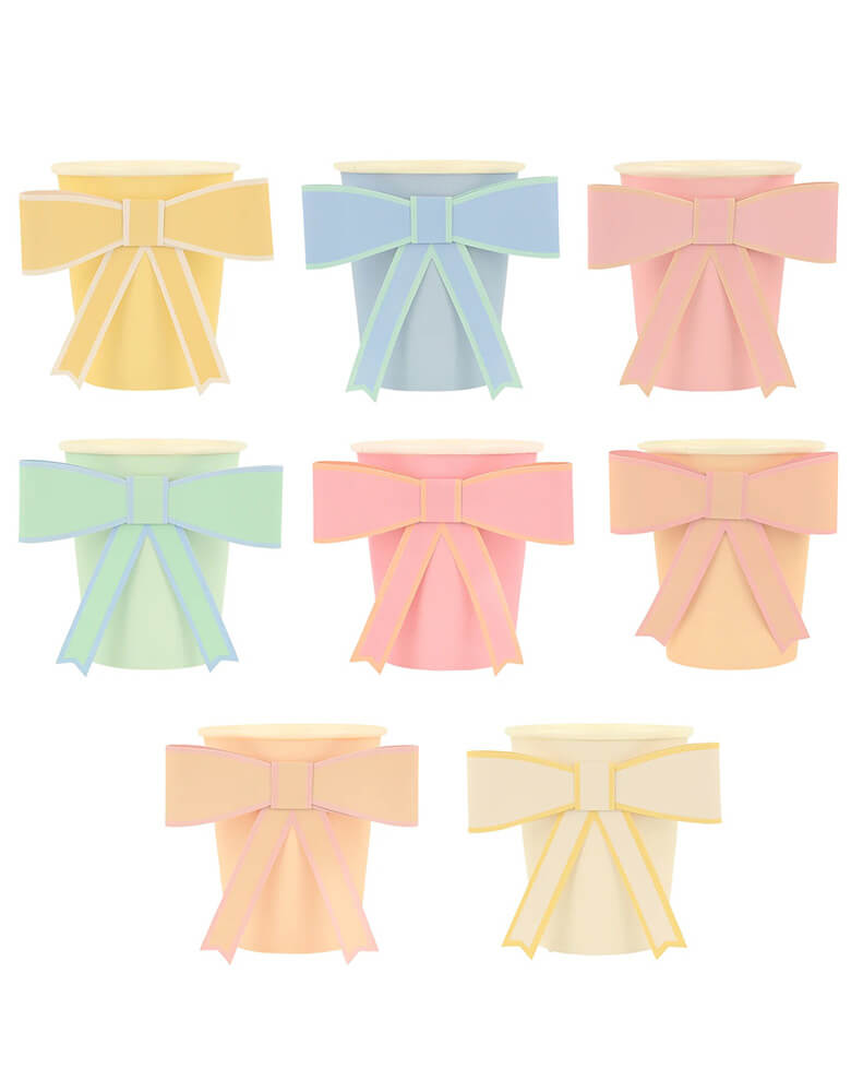 Momo Party's 9oz Pastel Bow Cups in 8 colors by Meri Meir. Pack of 8 3D pale pink, pink, dark pink, ivory, yellow, peach, mint and blue cups with co-ordinating bows.