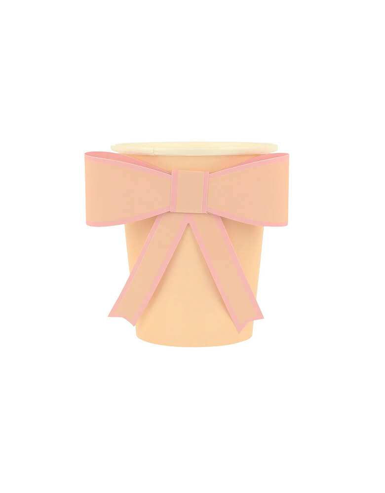 Momo Party's 9oz Pastel Bow Cups in 8 colors by Meri Meir. Pack of 8 3D pale pink, pink, dark pink, ivory, yellow, peach, mint and blue cups with co-ordinating bows.