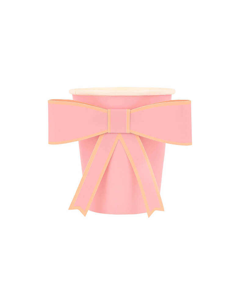 Momo Party's 9oz Pastel Bow Cups in 8 colors by Meri Meir. Pack of 8 3D pale pink, pink, dark pink, ivory, yellow, peach, mint and blue cups with co-ordinating bows.