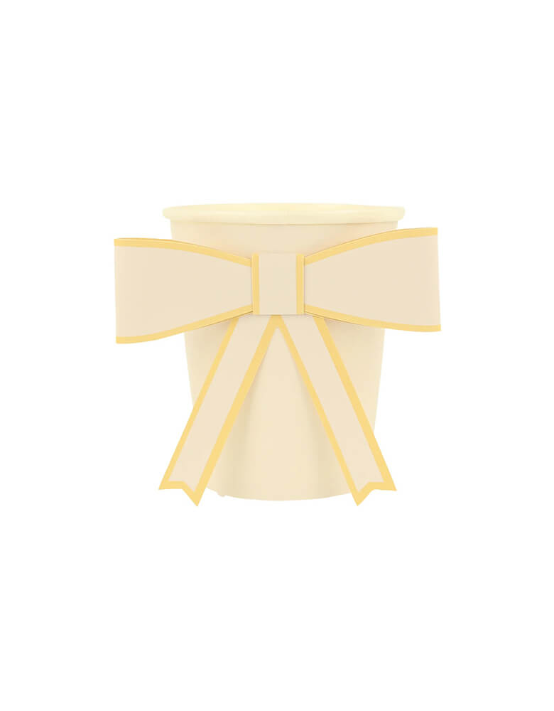 Momo Party's 9oz Pastel Bow Cups in 8 colors by Meri Meir. Pack of 8 3D pale pink, pink, dark pink, ivory, yellow, peach, mint and blue cups with co-ordinating bows.