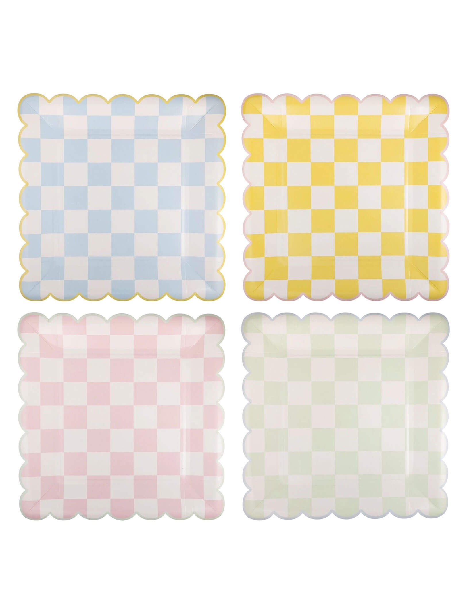 Momo Party's 10" Checked Square Scallop Plate Set by My Mind's Eye. Comes in a set of 8 plates in 4 colors, featuring pastel checked plates, this festive set will make your table stand out. Perfect for any occasion, these plates add a touch of fun to your Easter and spring gatherings.