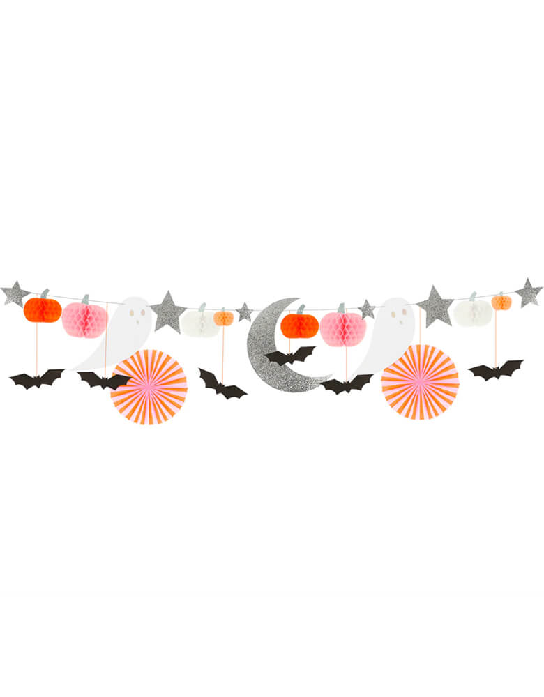 Momo Party's 7' Pastel Honeycomb Halloween Garland Set by Meri Meri. This garland set includes 2 Pink and orange honeycomb tissue paper pinwheels, with neon orange cord 8 Orange, white, peach and pale pink honeycomb tissue paper pumpkins 2 Ghosts with shiny silver holographic foil details 6 Black bats, with neon orange cord 8 Stars and a moon made from chunky silver glitter fabric. It's perfect for a pink Halloween themed party!