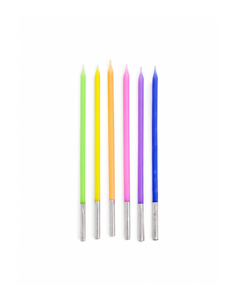 Eight slim birthday candles in a pastel rainbow color, sold by Momo Party