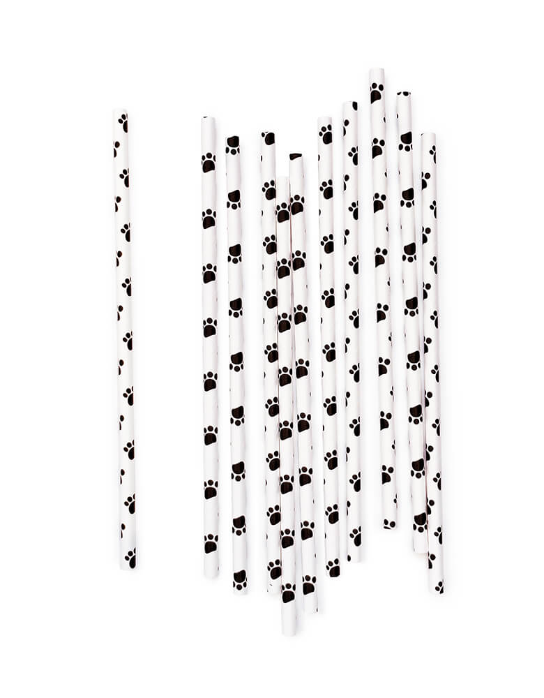 Momo Party's Paw Print Party Straws. Comes in a set of 25 paper straws, these eco-friendly disposable straws feature adorable paw prints, perfect for any pet-themed celebration.