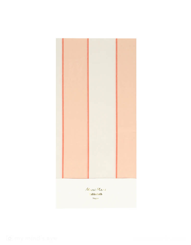 Momo Party's 102" x 54" peach stripe tablecloth by Meri Meri. Make your party table look instantly fresh with this peach stripe tablecloth. It's ideal for a ballet party, princess party or anywhere you want a peach perfection color theme.