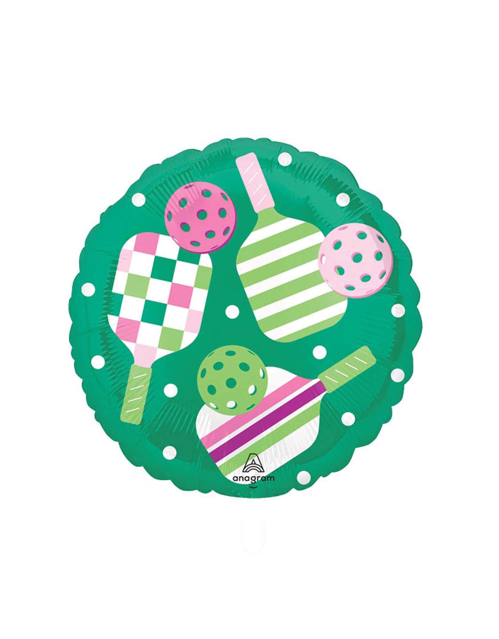 The back of Momo Party's 18" Junior Pickleball Party Foil Balloon featuring three colorful pickleball paddles and pickleballs by Anagram Balloons on a white background.