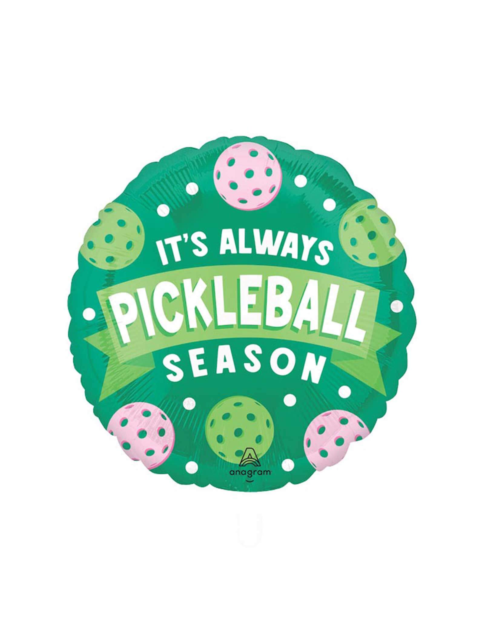 Momo Party's 18" Junior Pickleball Party Foil Balloon featuring "It's Always Pickleball Season" in green white and pink colors by Anagram Balloons on a white background.