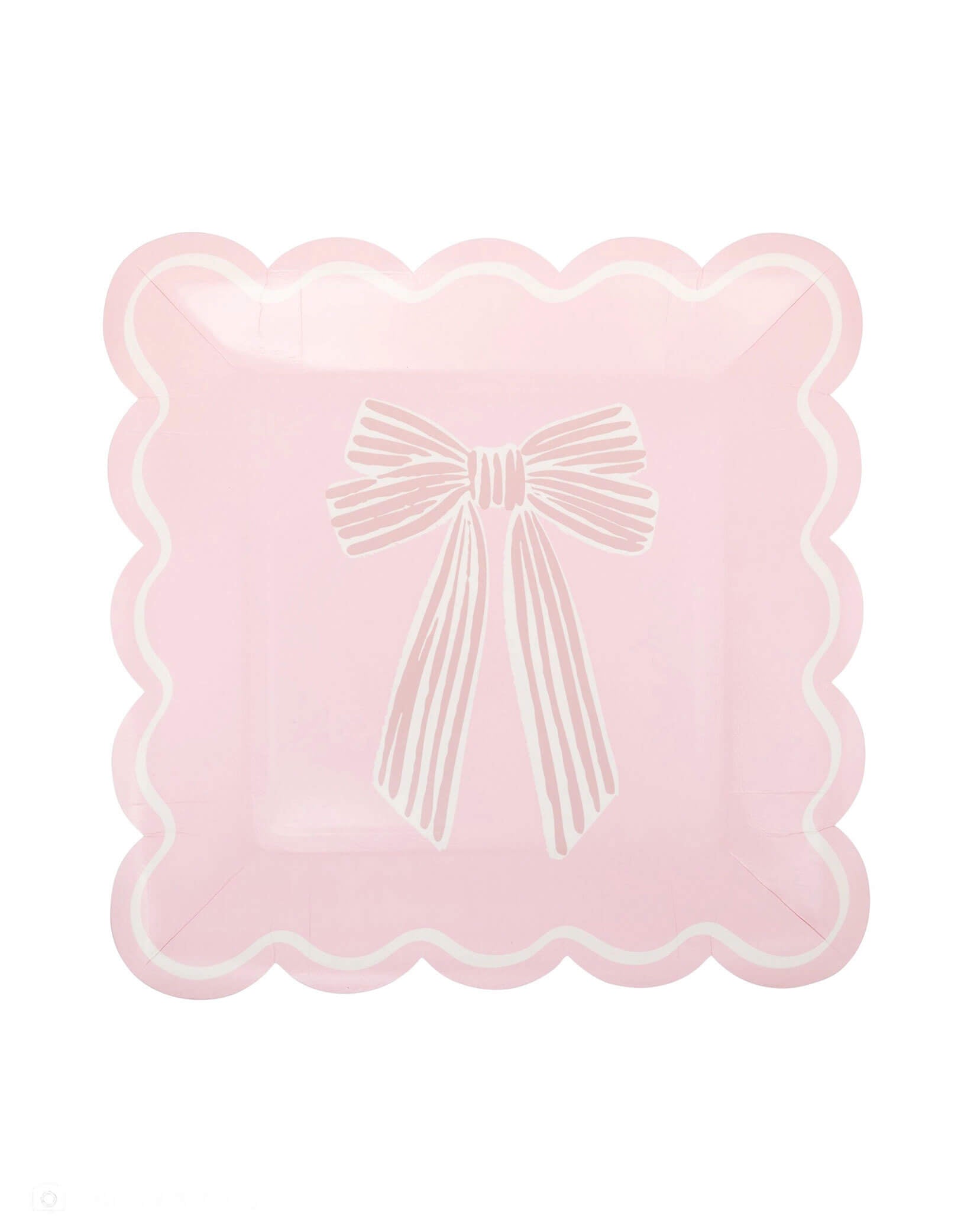 Momo Party's 9" pink scalloped square plates with bow design on by My Mind's Eye on a white background.