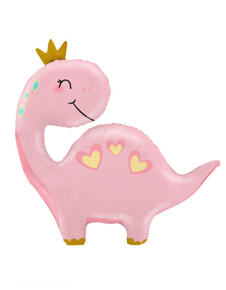 Momo Party's 44" pink dinosaur shaped foil balloon. Perfect for girl's dinosaur themed parties, this cute and girly balloon features a pink dinosaur design that's not scary at all. Bring some fun and whimsy to your next event with this charming addition.