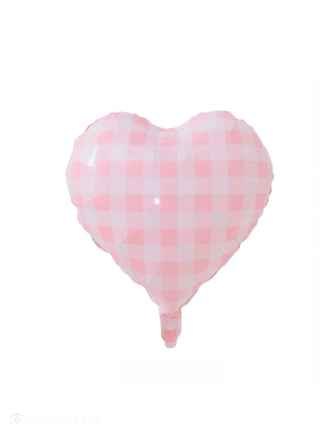 Momo Party's 18" Pink Gingham Checker Heart Shaped Non-Foil Balloon on a white background.