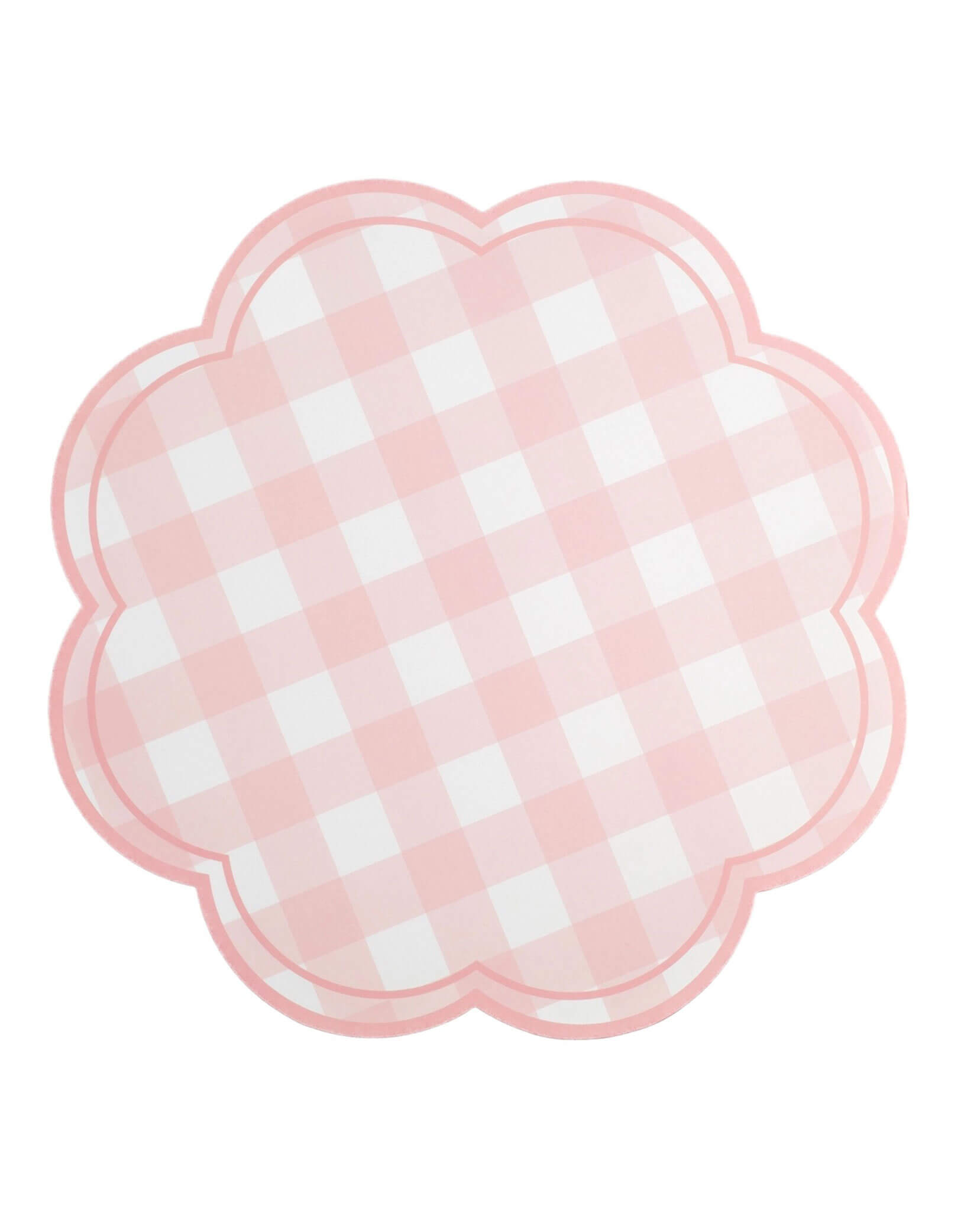 Momo Party's 12" Pink Gingham Soft Scallop Paper Placemat by Gatherings. Comes with 12 pieces, these charming pink gingham paper placemats feature a classic checkered pattern in soft pink and white, bringing a fresh and timeless look to your table. The scalloped edges add an elegant touch, making them perfect for spring gatherings, garden parties, or everyday dining.