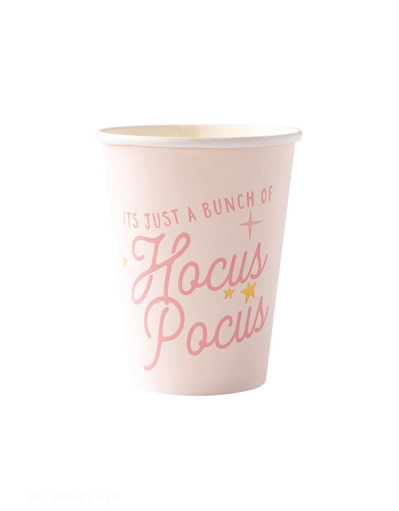 Momo Party's 12 oz Hocus Pocus Pink Party Cups by My Mind's Eye. With "It's just a bunch of Hocus Pocus" written on the cup, and a playful pink design and a sprinkle of magic, this cup is perfect for any occasion. Spellbindingly stylish and practical, it's sure to be the life of your Halloween party in this spooky season!
