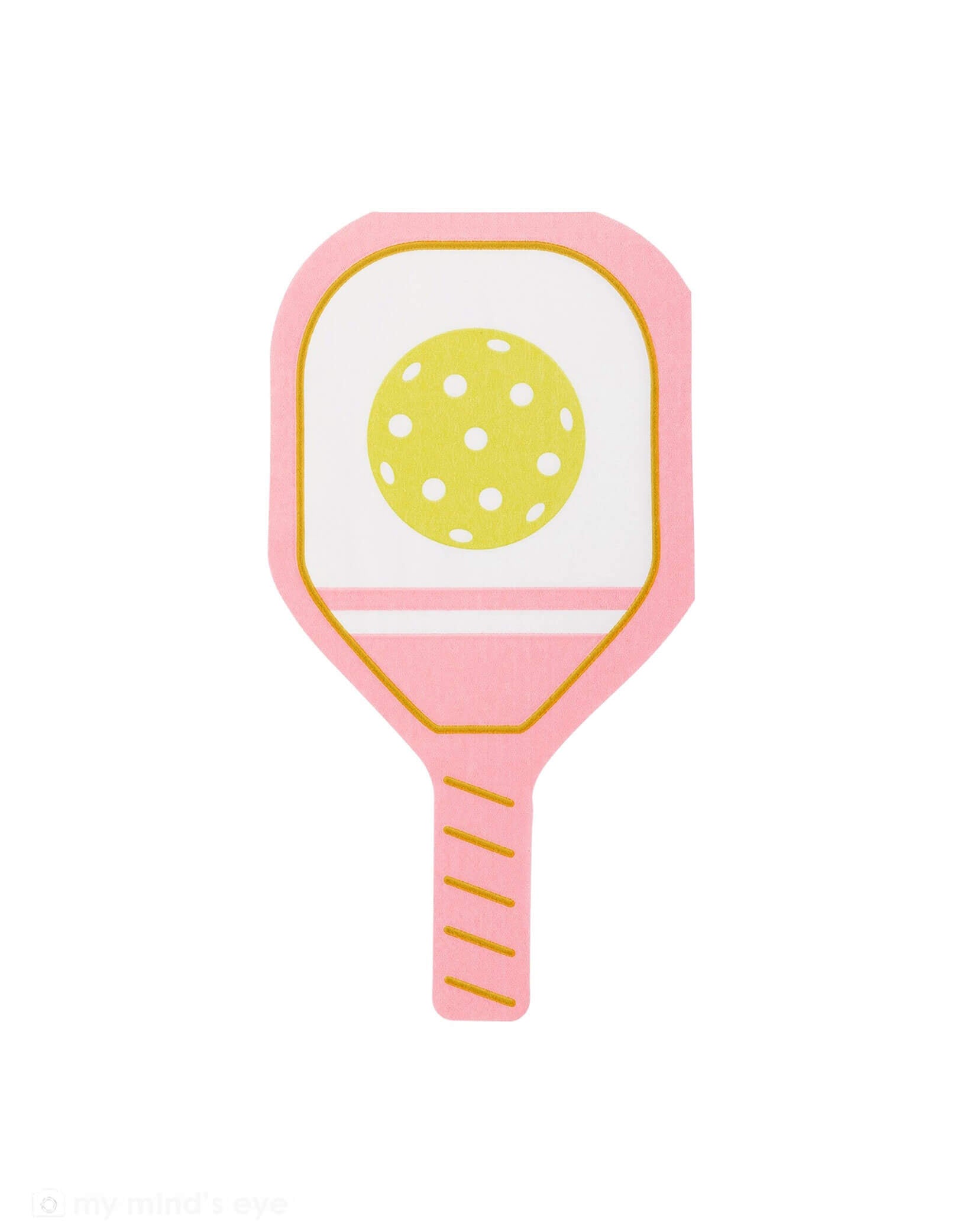 Momo Party's 4" x 7.5" pink paddle with a yellow polka dot pickleball shaped dinner napkin by My Mind's Eye on a white background.