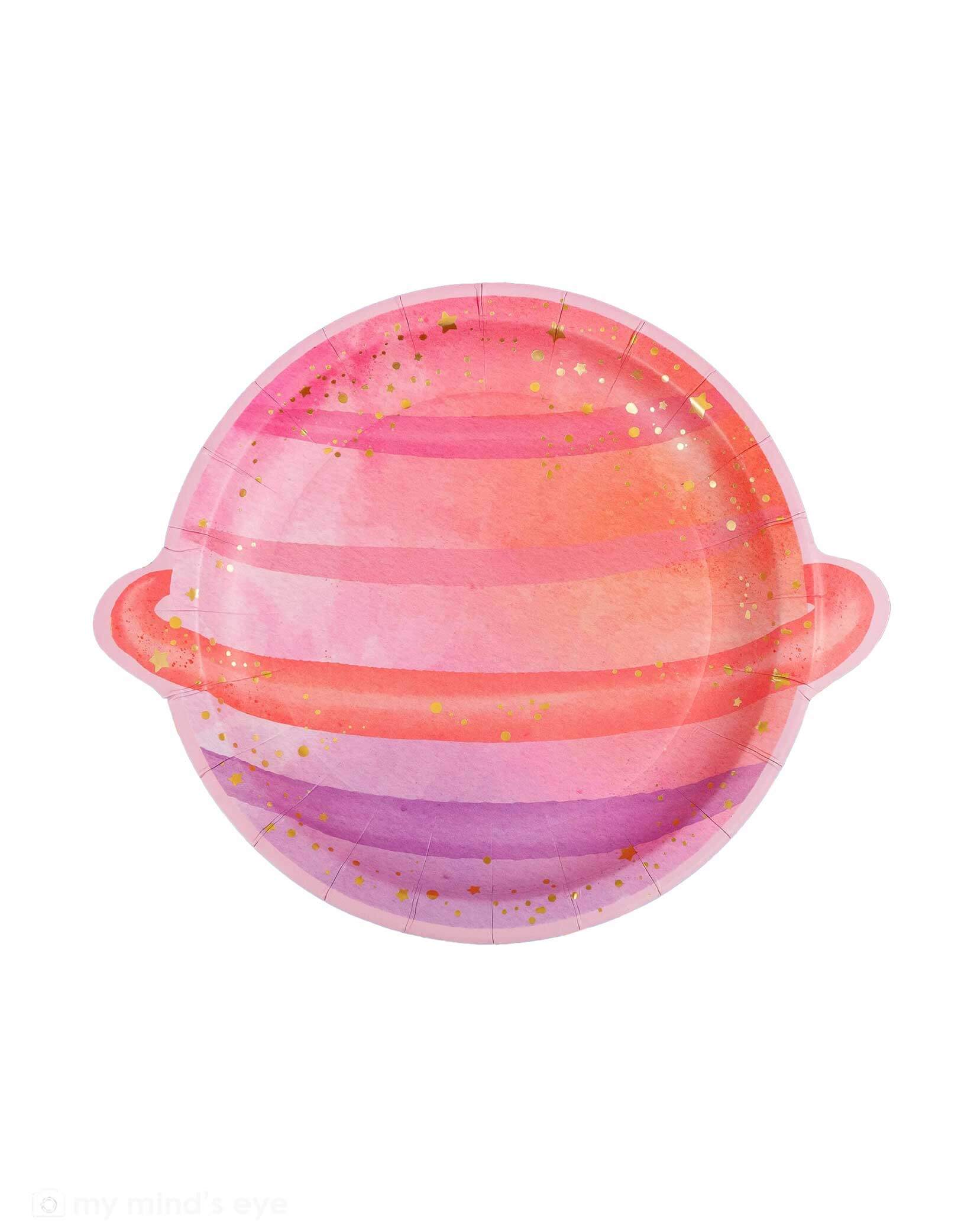 Momo Party's 8" Pink Planet shaped Plate with gold speckles on a white background.
