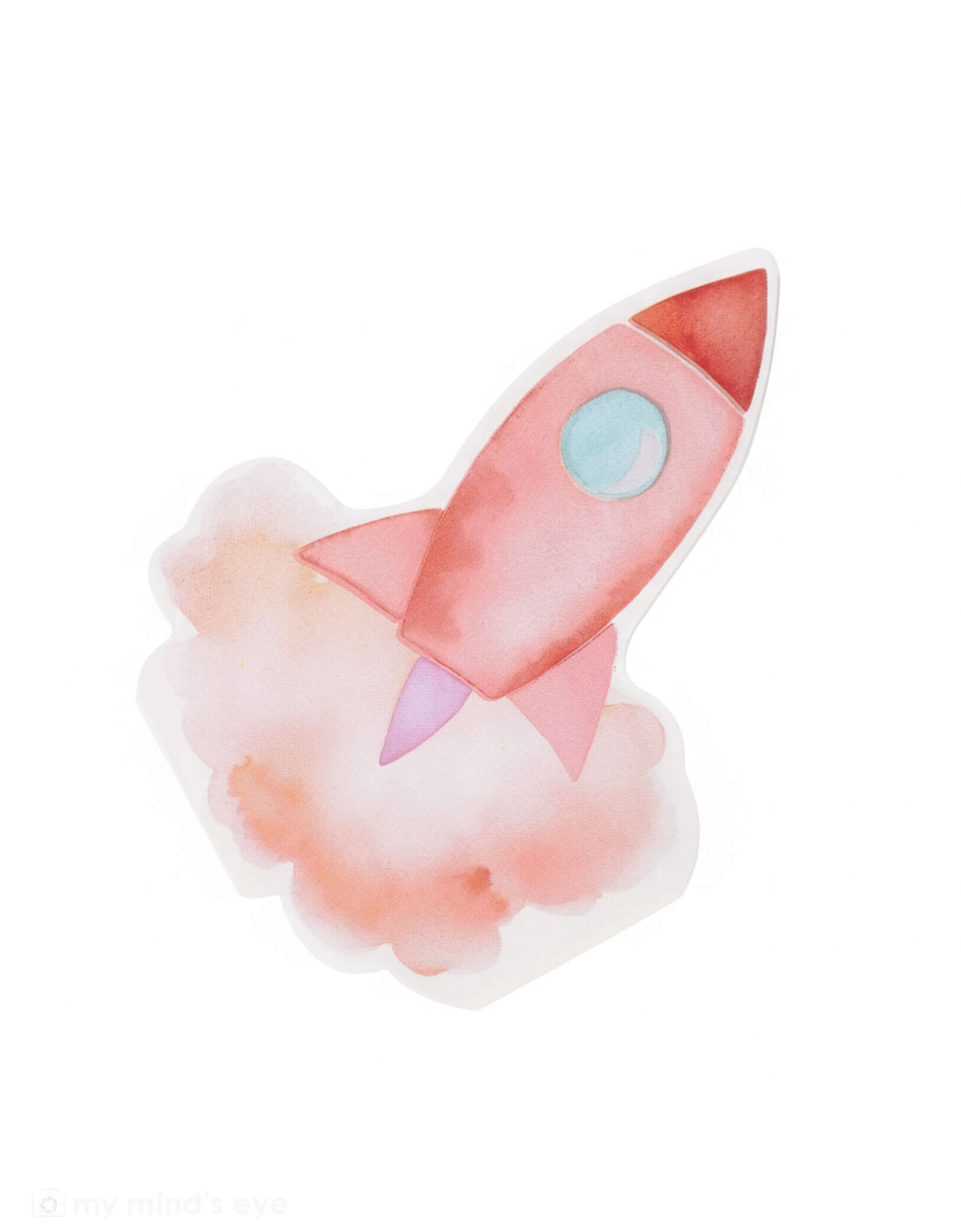 Momo Party's 8" x 6" Pink Rocket Ship Napkin in watercolor design on a white background.