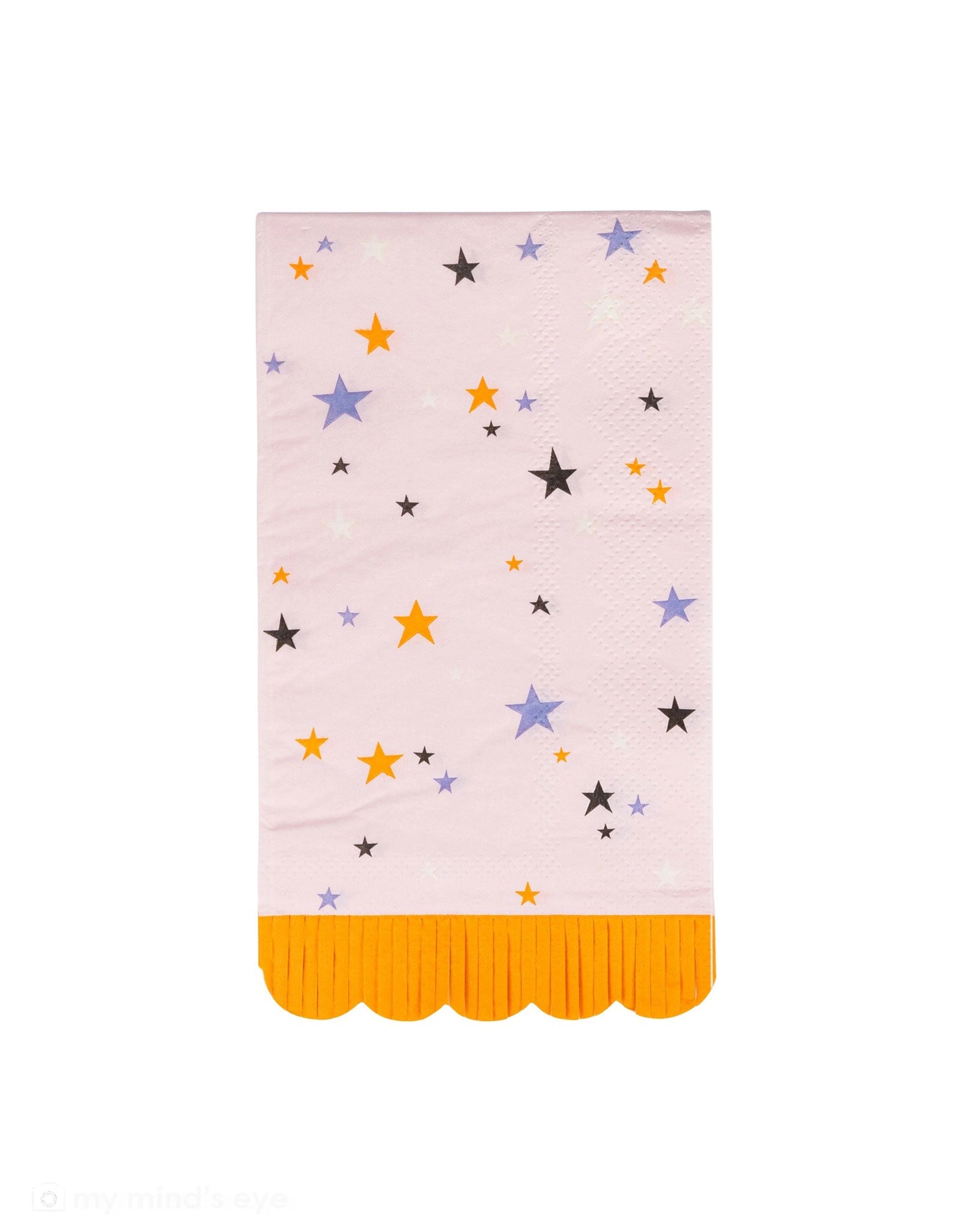Momo Party's 4.75" x 7.25" pink dinner napkins with colorful star pattern and orange fringe scalloped edge by My Mind's Eye on a white background. These spooky-cute napkins feature playful star designs in classic Halloween colors, perfect for wiping sticky fingers after candy and treats. Sturdy enough for pizza parties but fun enough to make kids smile. Complete your Halloween table setting with these must-have party essentials!