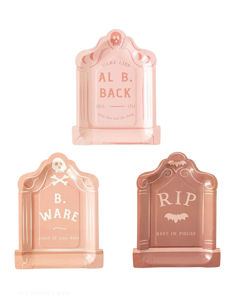 Momo Party's Pink Tombstone Plate Set by My Mind's Eye. Comes in a set of 9 paper plates in 3 different designs and colors, these pink tombstone shaped plates with Al B. Back, B. Ware, and RIP on them are perfect for a boho themed Halloween party. Channel boho vibes with these unique and quirky plates that are guaranteed to be the talk of the graveyard. Perfect for serving up spooky treats and adding a touch of humor to your festivities.